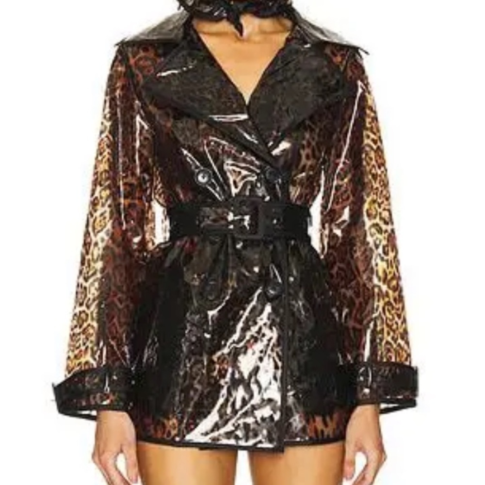 Leopard Print Patent Trench Coat - Black & Brown